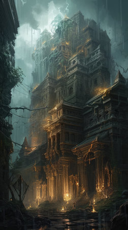 Digital painting of an ancient temple in a foggy forest in India. Dark fantasy illustration, dark atmosphereの素材
