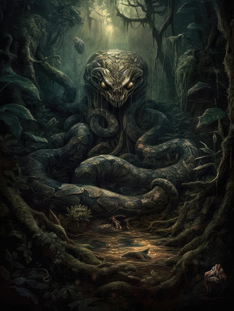 3D rendering of a fantasy dragon in a dark forest with trees and roots. Dark fantasy illustration, dark atmosphereの素材