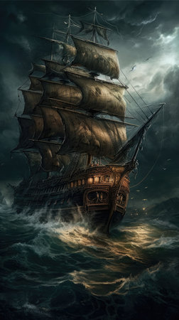 Old ship in stormy sea. Fantasy illustration. digital painting. Dark fantasy illustration, dark atmosphereの素材