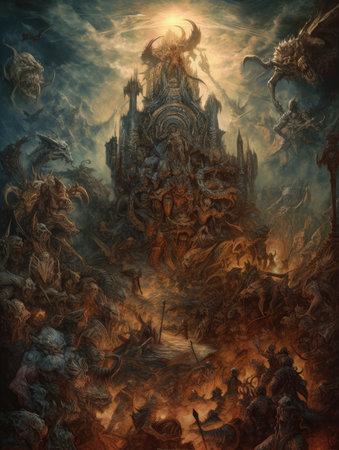 Mystical fantasy image of a temple in the mountains. digital painting. Dark fantasy illustration, dark atmosphereの素材