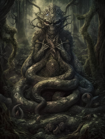 3D rendering of a fantasy monster in a dark forest with tree roots. Dark fantasy illustration, dark atmosphereの素材