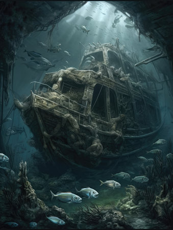 Underwater scene with a shipwreck and fish in the ocean. Dark fantasy illustration, dark atmosphereの素材