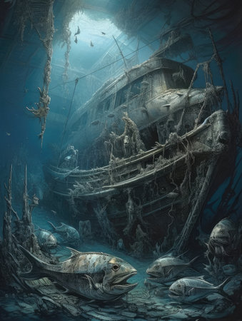 Underwater scene with a shipwreck and fish, 3d illustration. Dark fantasy illustration, dark atmosphereの素材