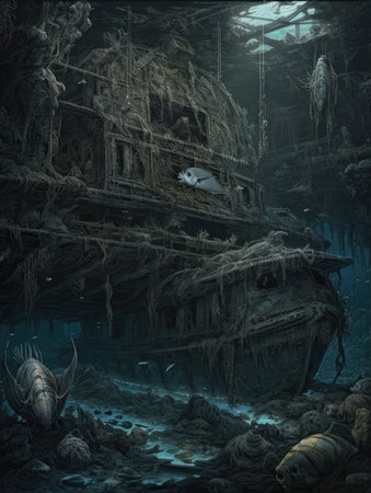 Underwater scene with shipwreck and fish. 3D illustration. Dark fantasy illustration, dark atmosphereの素材