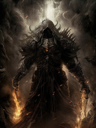 Warrior in a dark room with fire and smoke. Fantasy. Dark fantasy illustration, dark atmosphereの素材