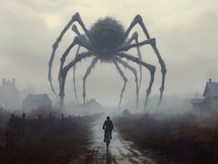 spider in the fog, halloween, scary, horror. Dieselpunk illustration, schyte, Jakub Rozalski inspired illustration.の素材