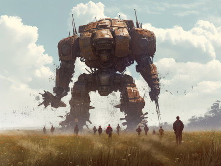 Fantasy scene with old robot in a field. 3d rendering. Dieselpunk illustration, schyte, Jakub Rozalski inspired illustration.の素材