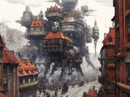 Digital painting of a steam punk town in Gdansk, Poland. Dieselpunk illustration, schyte, Jakub Rozalski inspired illustration.の素材