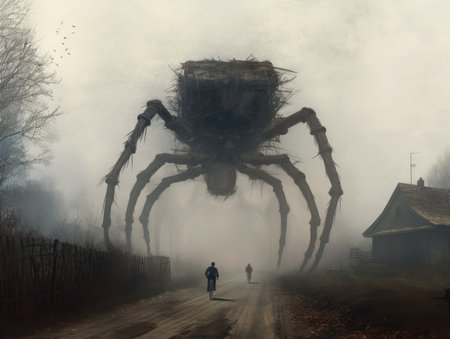 A man stands in front of a huge spider on the road. Dieselpunk illustration, schyte, Jakub Rozalski inspired illustration.の素材