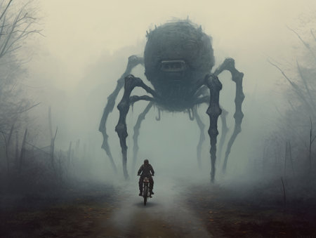 Cyclist in the misty forest with a big spider. Dieselpunk illustration, schyte, Jakub Rozalski inspired illustration.の素材