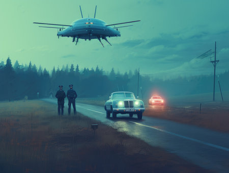 Helicopter on the road in the fog. 3D illustration. Dieselpunk illustration, schyte, Jakub Rozalski inspired illustration.の素材