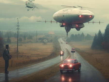 Airplane on the road in a foggy day. 3d rendering. Dieselpunk illustration, schyte, Jakub Rozalski inspired illustration.の素材