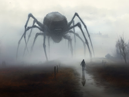Halloween spider in the foggy forest. 3d illustration.の素材