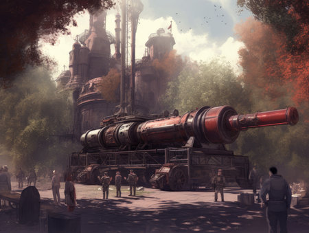 3D render of an old steam locomotive in the city. Dieselpunk illustration, schyte, Jakub Rozalski inspired illustration.の素材
