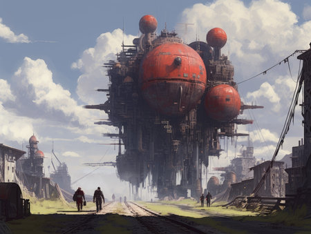Digital painting of a ship in the middle of the abandoned city. Dieselpunk illustration, schyte, Jakub Rozalski inspired illustration.の素材
