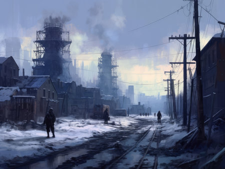 Digital painting of a factory in winter. . Dieselpunk illustration, schyte, Jakub Rozalski inspired illustration.の素材
