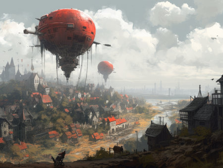 Fantasy landscape with hot air balloons flying over the city. 3d illustration. Dieselpunk illustration, schyte, Jakub Rozalski inspired illustration.の素材