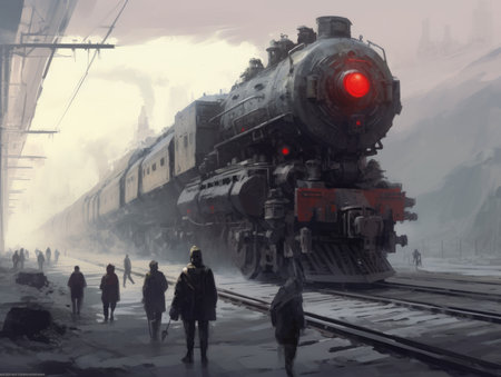 Steam locomotive on railway station in Moscow, Russia. digital painting. Dieselpunk illustration, schyte, Jakub Rozalski inspired illustration.の素材