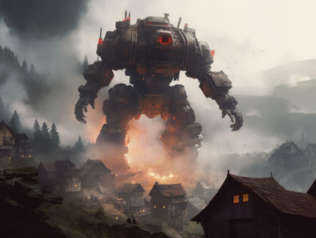 Fantasy landscape with a monster in the sky. 3d rendering. Dieselpunk illustration, schyte, Jakub Rozalski inspired illustration.の素材