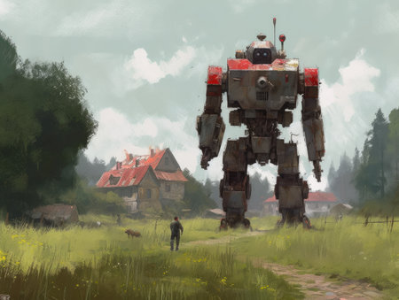 Digital painting of a robot on a meadow in front of a village. Dieselpunk illustration, schyte, Jakub Rozalski inspired illustration.の素材