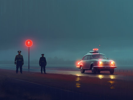 Police officers on the road in foggy day. 3d rendering. Dieselpunk illustration, schyte, Jakub Rozalski inspired illustration.の素材
