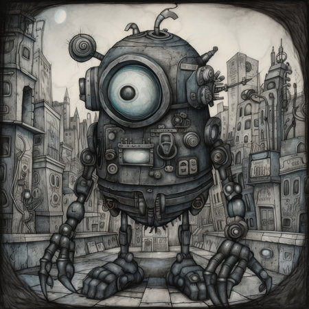 Fantasy illustration of a cute robot in a city. digital painting. Cute emo tshirt print illustrationの素材