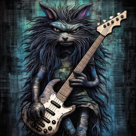 Gothic cat with electric guitar. Fantasy illustration. Grunge background. Cute emo tshirt print illustrationの素材