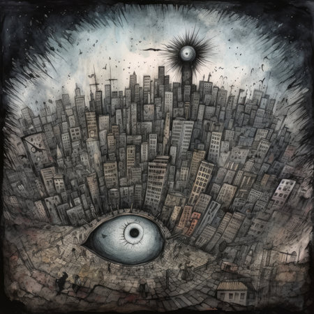 eye in the city. Hand drawn illustration, pencil on paper. Cute emo tshirt print illustrationの素材
