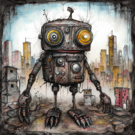 Vintage robot on the background of the city. hand-drawn illustration. Cute emo tshirt print illustrationの素材