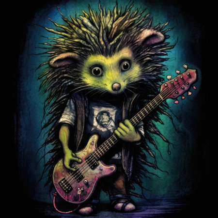 The hedgehog plays the electric guitar. The illustration on a dark background. Cute emo tshirt print illustrationの素材