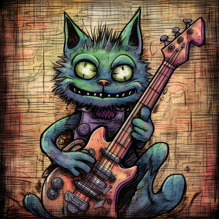 Grunge illustration of a funny cartoon cat playing electric guitar. Cute emo tshirt print illustrationの素材
