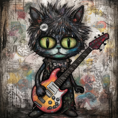 Cat with electric guitar on grunge background. grunge illustration. Cute emo tshirt print illustrationの素材