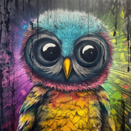 Colorful owl on grunge background. hand-drawn illustration. Cute emo tshirt print illustrationの素材