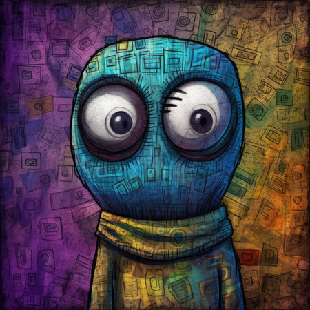 Funny cartoon monster on a grunge background with different elements. Cute emo tshirt print illustrationの素材