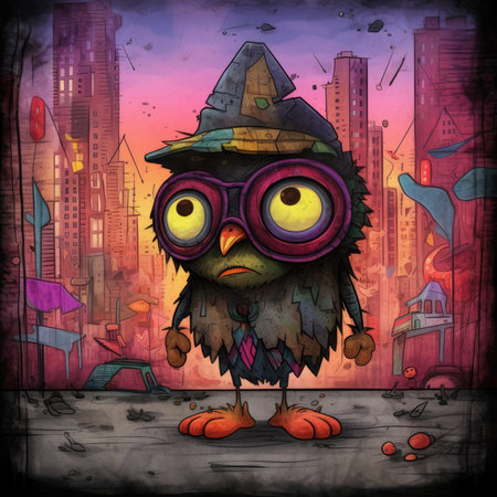 Cute cartoon owl in a hat and glasses. Halloween illustration. Cute emo tshirt print illustrationの素材