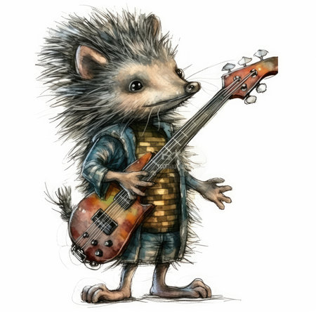 hedgehog with electric guitar. Hand drawn illustration on white background. Cute emo tshirt print illustrationの素材