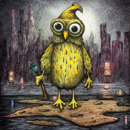 Owl in the city. Illustration on a gray background. Cute emo tshirt print illustrationの素材