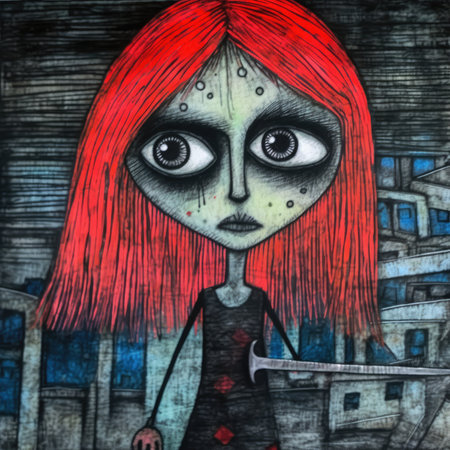 Zombie girl in the city. illustration on old paper. Cute emo tshirt print illustrationの素材