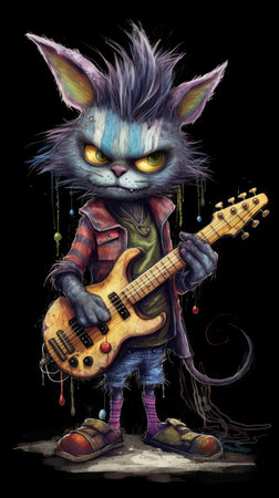 Fantasy illustration of a cat with an electric guitar in his hands. Cute emo tshirt print illustrationの素材