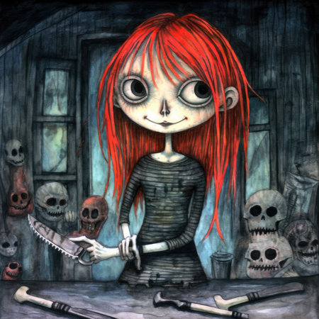 Cartoon illustration of a little girl with red hair holding a scythe. Cute emo tshirt print illustrationの素材