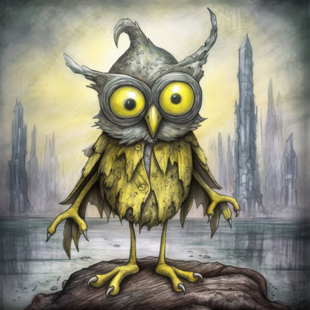 Fantasy illustration of an owl with a city background in the background. Cute emo tshirt print illustrationの素材