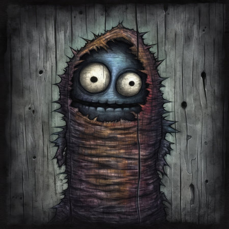 Funny cartoon monster on old wooden wall background. Halloween illustration. Cute emo tshirt print illustrationの素材