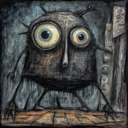 Funny monster with big eyes on a dark background. digital painting. Cute emo tshirt print illustrationの素材