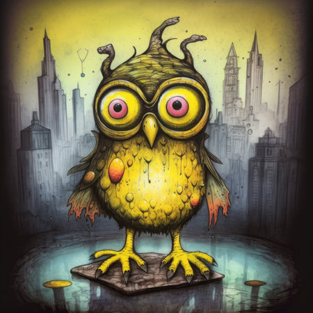 Funny cartoon owl with big eyes standing on a stump in the city. Cute emo tshirt print illustrationの素材