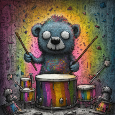 Illustration of a cute teddy bear playing the drums on a colorful background. Cute emo tshirt print illustrationの素材