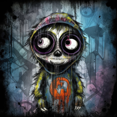 Zombie illustration. Hand drawn illustration of a zombie on a grunge background. Cute emo tshirt print illustrationの素材
