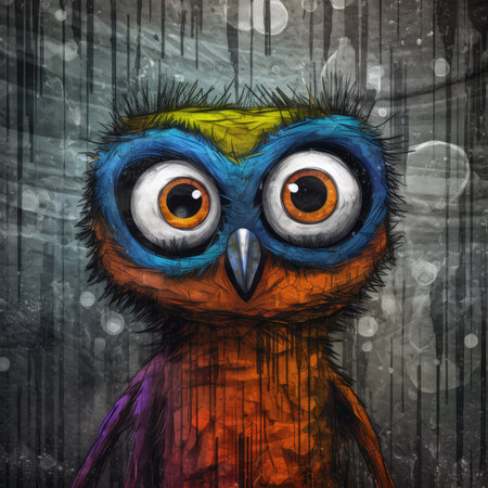 Illustration of an owl with eyes closed on a grunge background. Cute emo tshirt print illustrationの素材