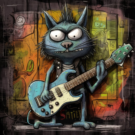 Guitar player with a blue cat on a grunge background. Cute emo tshirt print illustrationの素材