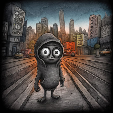 cartoon monster on a city street. Halloween background. Illustration. Cute emo tshirt print illustrationの素材