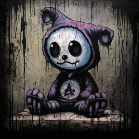Creepy monster on grunge background, halloween illustration. Cute emo tshirt print illustrationの素材